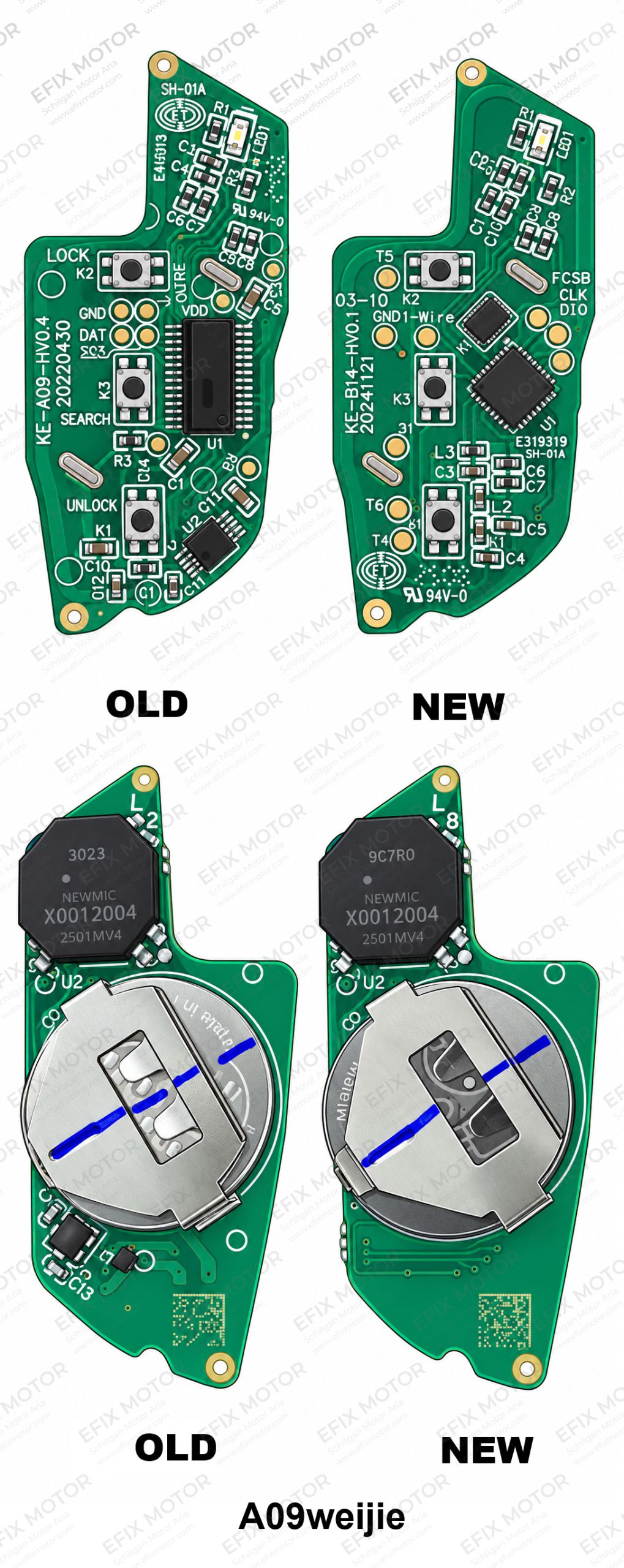 pic155-keyless-a09weijie-efixmotor.com تصاویر راهنمای برد جدید و قدیم ریموت اصلی کیوای A09WEIJIE